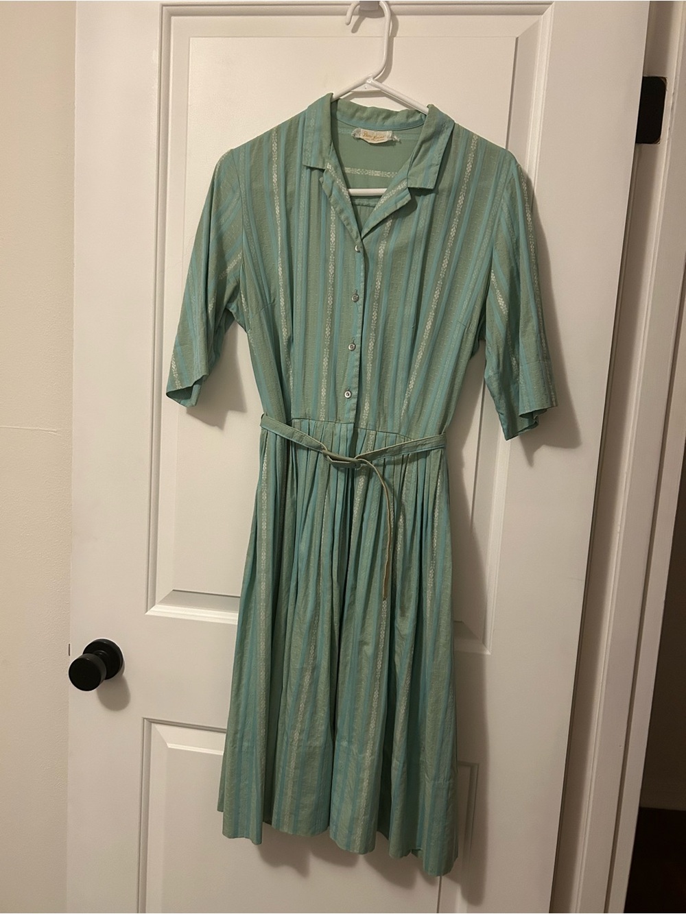 Vintage 60’s Light Teal Striped Button-Front Midi Dress with Belt - Picture 2 of 8